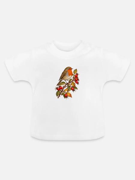Rotkehlchen mit Hagebutten - Baby Bio-T-Shirt mit Rundhals - Weiß