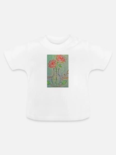 Zwei rote Rosen in einer Vase - Baby Bio-T-Shirt mit Rundhals - Weiß