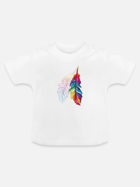 Regenbogenfedern – farbenfrohes Boho-Design - Baby Bio-T-Shirt mit Rundhals - Weiß