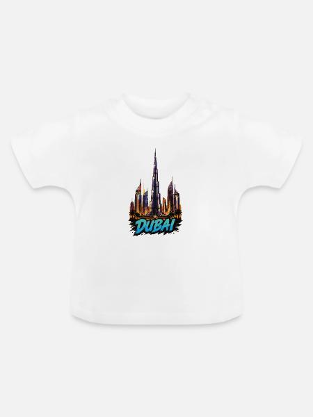 Dubai Skyline Neon-Effekt - Baby Bio-T-Shirt mit Rundhals - Weiß
