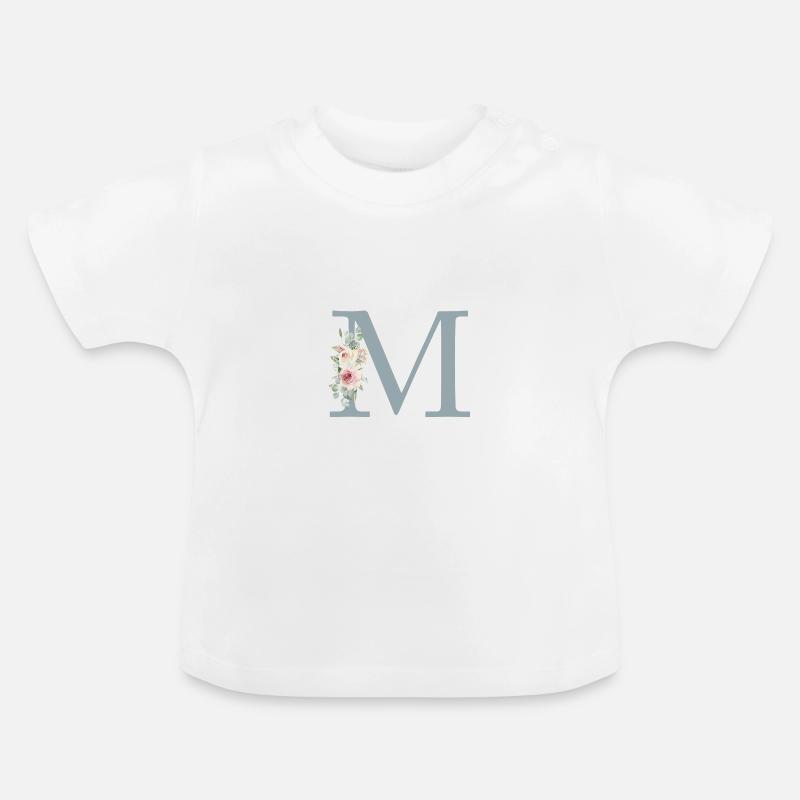 M | Monogramme | Eucalyptus Pastel Fleur Bleu - T-shirt bio col rond Bébé - blanc