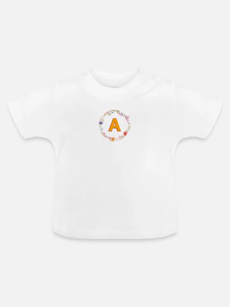 A Monogramm , bunter Blumenkranz - Baby Bio-T-Shirt mit Rundhals - Weiß