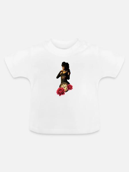 Steampunk Uhr mit Rosen - Baby Bio-T-Shirt mit Rundhals - Weiß
