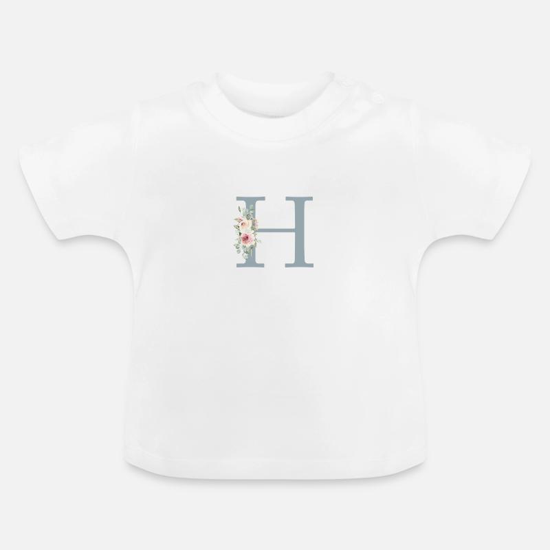 H| Monogramm | Eukalyptus-Pastell-Blumen-Blau - Baby Bio-T-Shirt mit Rundhals - Weiß