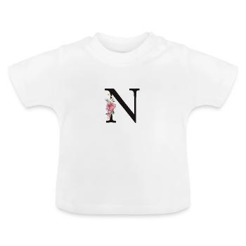 Monogramme personnalisable N Floral Rose Blanc - T-shirt bio col rond Bébé - blanc - Devant