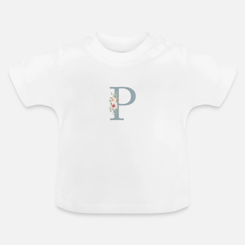 P| Monogramm | Eukalyptus-Pastell-Blumen-Blau - Baby Bio-T-Shirt mit Rundhals - Weiß