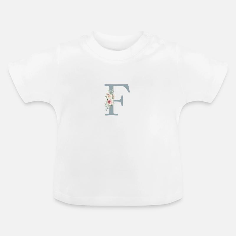 F| Monogramm | Eukalyptus-Pastell-Blumen-Blau - Baby Bio-T-Shirt mit Rundhals - Weiß
