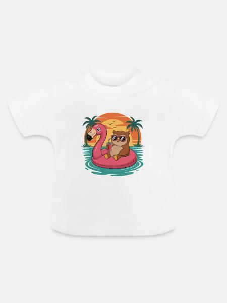 Lustiger Eulen-Tropensommer-Flamingo-Float - Baby Bio-T-Shirt mit Rundhals - Weiß