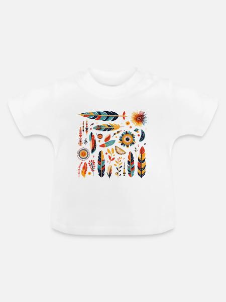Boho Feder und Blüten Muster - Baby Bio-T-Shirt mit Rundhals - Weiß