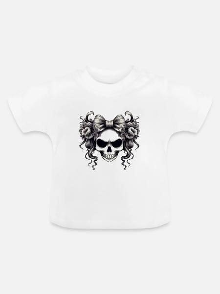 Schädel mit Schleife und Rosen - Baby Bio-T-Shirt mit Rundhals - Weiß