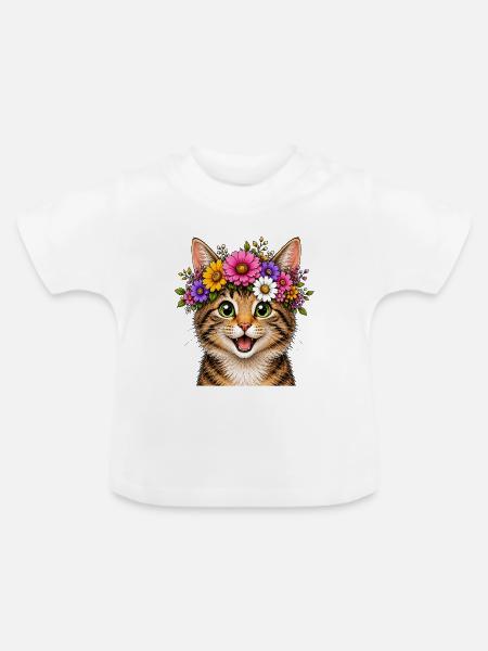Katze mit Blumenschmuck  - Baby Bio-T-Shirt mit Rundhals - Weiß