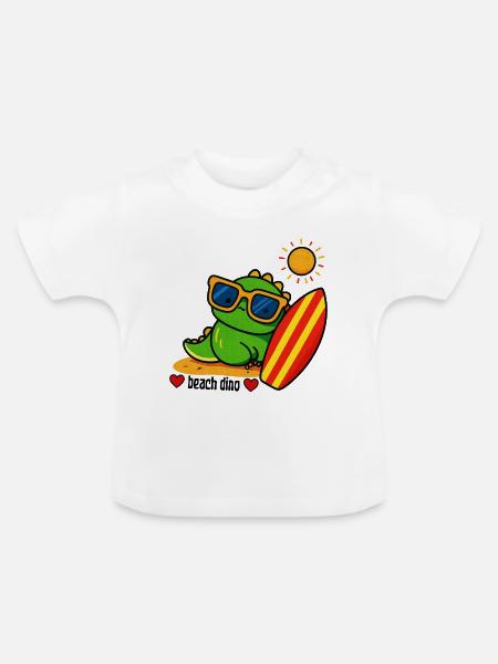 Strand-Dino mit Surfbrett - Baby Bio-T-Shirt mit Rundhals - Weiß