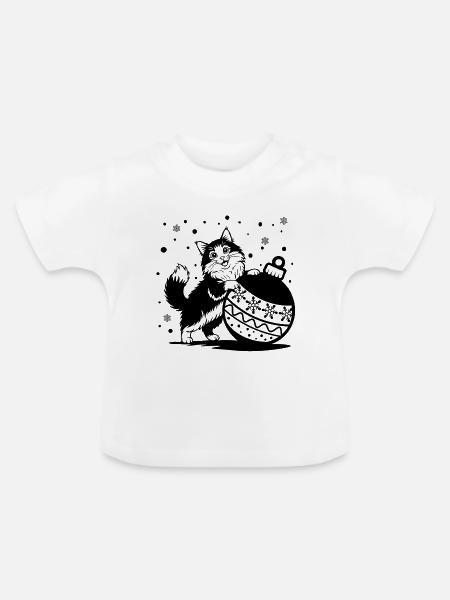 Süße flauschige Katze mit Weihnachtskugel - Baby Bio-T-Shirt mit Rundhals - Weiß