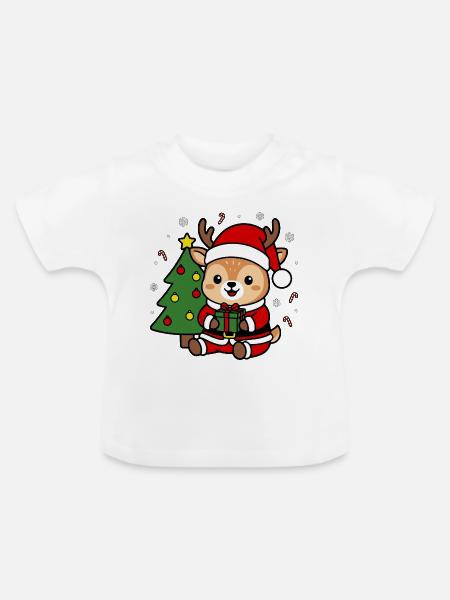 Süßes Kawaii-Hirsch-Weihnachtsbaum-Weihnachtsbaumgeschenk - Baby Bio-T-Shirt mit Rundhals - Weiß