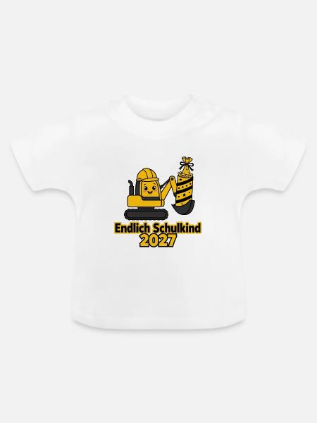 Endlich Schulkind 2027 Baustelle Baggerfahrer - Baby Bio-T-Shirt mit Rundhals - Weiß