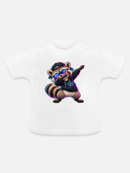 Waschbär mit Sonnenbrille – Cooler Dab Dance - Baby Bio-T-Shirt mit Rundhals - Weiß