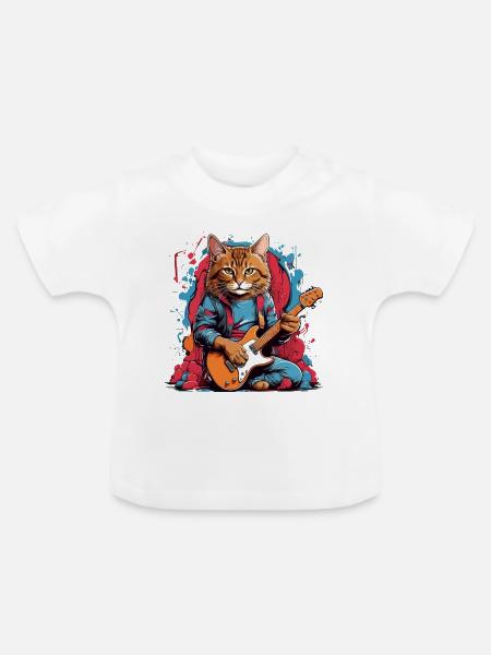 Katze mit Gitarre - Baby Bio-T-Shirt mit Rundhals - Weiß
