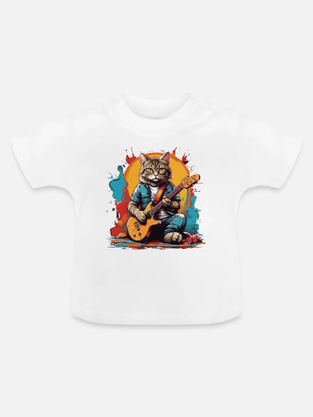 Katze mit Gitarre - Baby Bio-T-Shirt mit Rundhals - Weiß