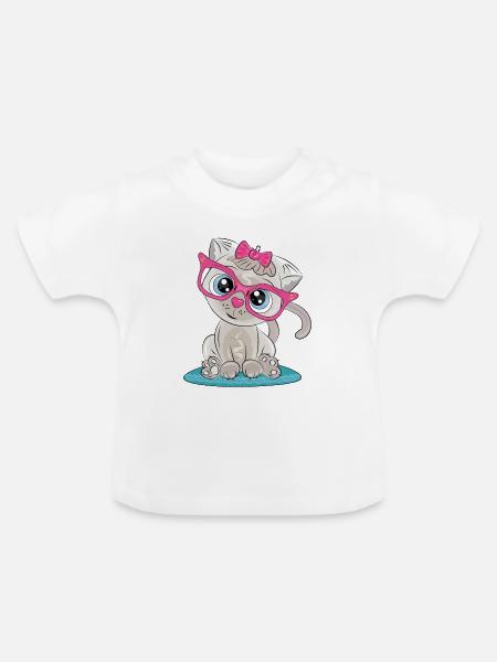 Kätzchen mit rosa Brille und Schleife - Baby Bio-T-Shirt mit Rundhals - Weiß