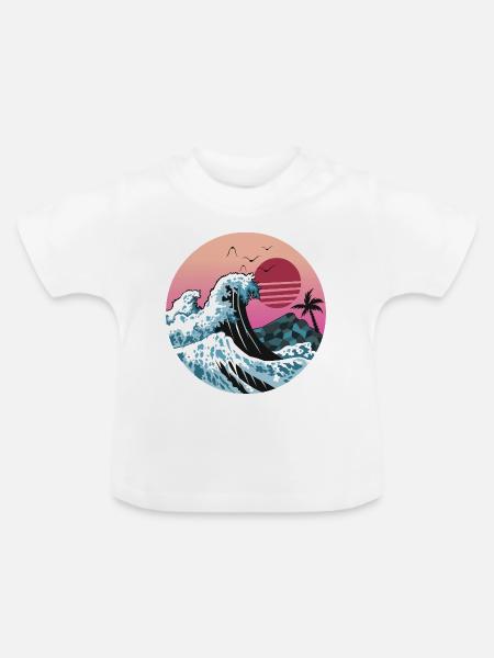 Retro Sunset Wave mit Palme - Baby Bio-T-Shirt mit Rundhals - Weiß