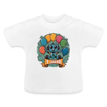 1 Jahr Geburtstag Kleiner Roboter mit Luftballons - Baby Bio-T-Shirt mit Rundhals - Weiß - Vorne