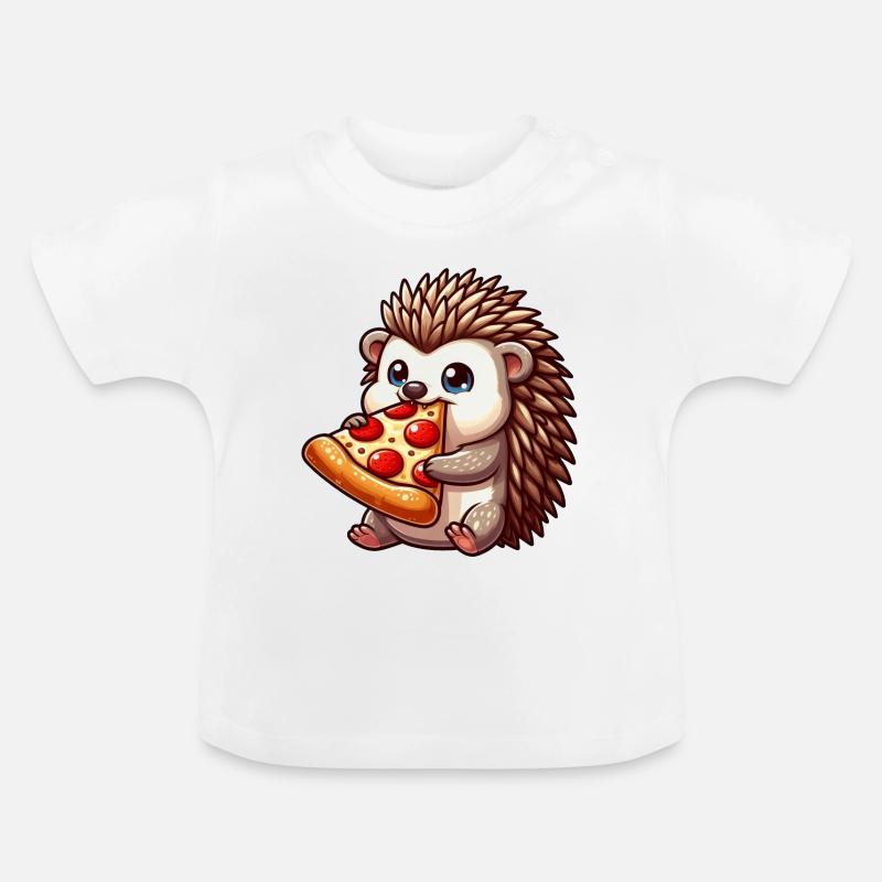 Drôle de hérisson mangeant une pizza aux olives et au fromage - T-shirt bio col rond Bébé - blanc