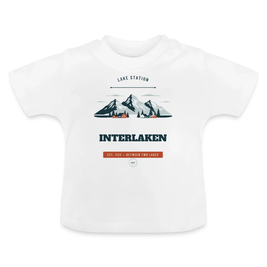 Interlaken badge on a baby organic t-shirt with round neck, white