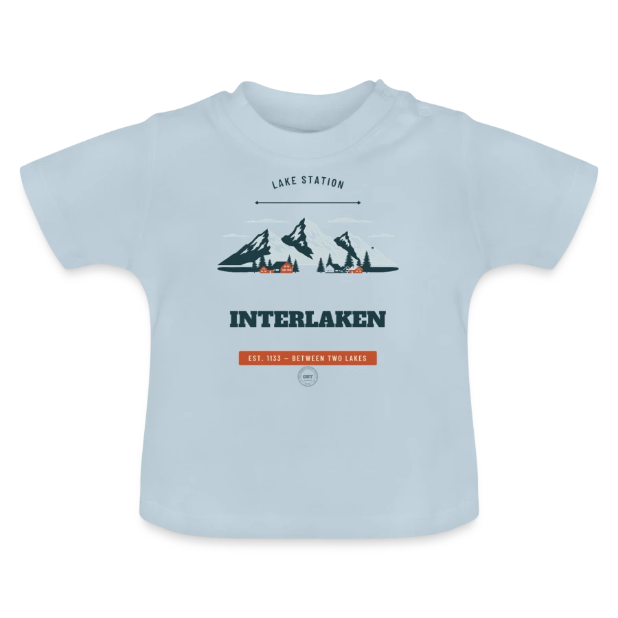Interlaken badge on a baby organic t-shirt with round neck, light blue
