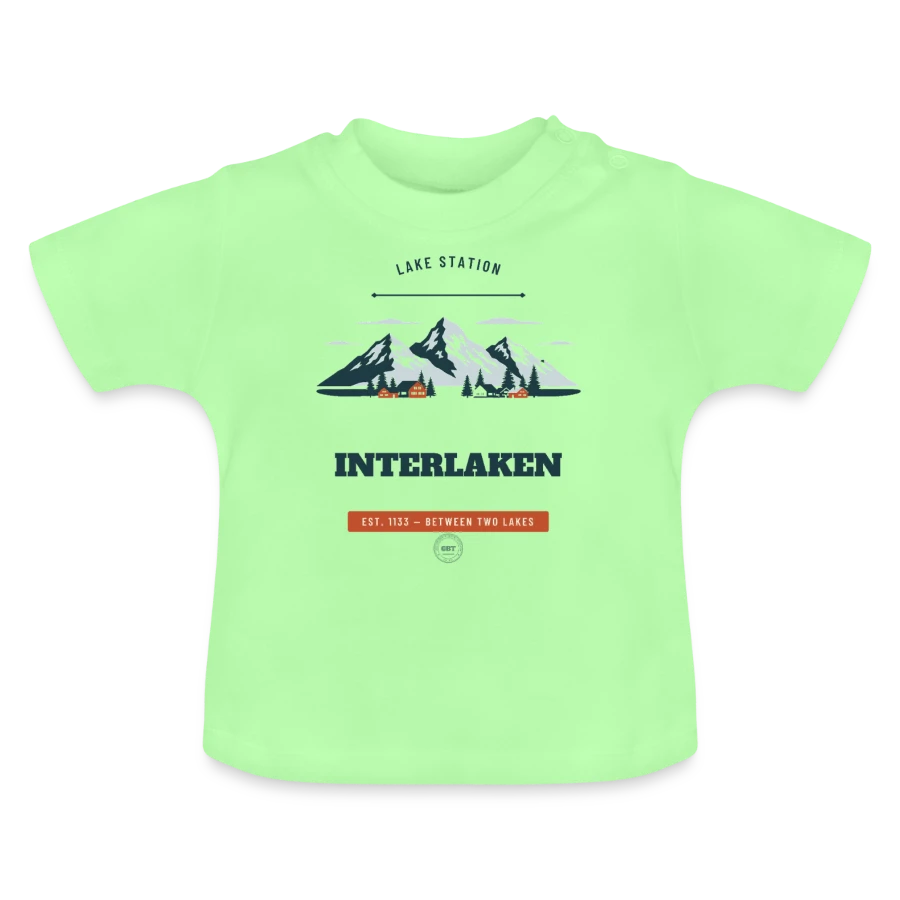Interlaken badge on a baby organic t-shirt with round neck, mint green