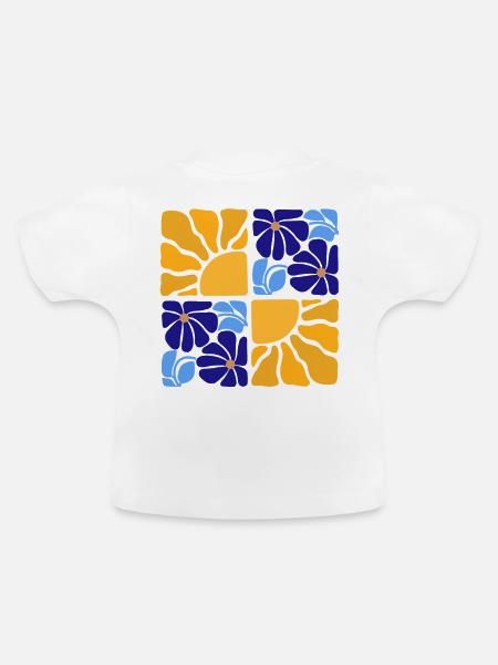 70s Retro Blumen & Sonne Design - Baby Bio-T-Shirt mit Rundhals - Weiß