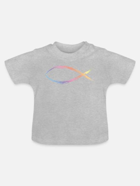 jezus vis kleurrijk - Økologisk T-shirt til baby, rund hals - grå meleret