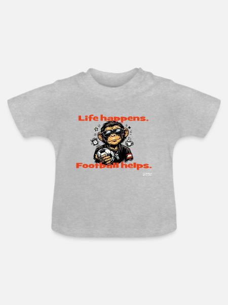 Das Leben passiert. Fußball hilft. - Baby Bio-T-Shirt mit Rundhals - Grau meliert