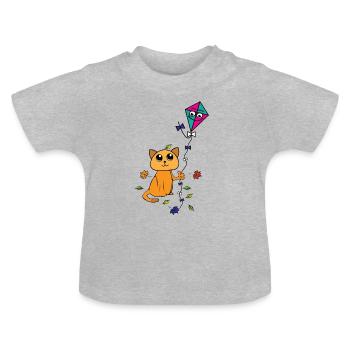 Katze lässt im Frühling , Herbst Drachen steigen - Baby Bio-T-Shirt mit Rundhals - Grau meliert - Vorne