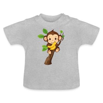 Monkey sits on tree and has found bananas - Baby Organic T-Shirt with Round Neck - heather grey - Front