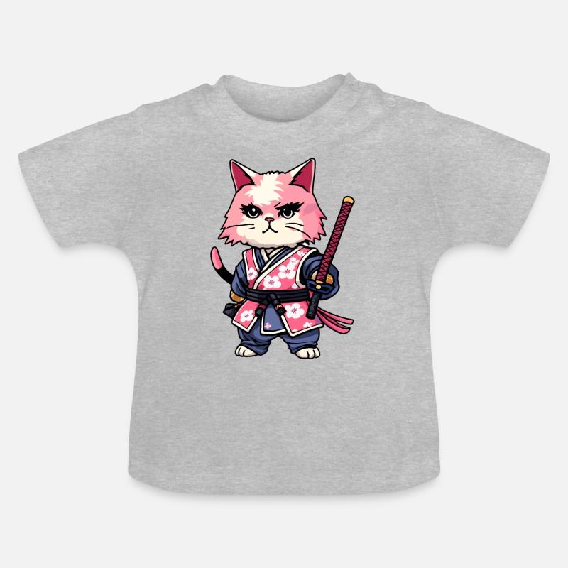 Chat samouraï & fleurs de cerisier #11 - T-shirt bio col rond Bébé - gris chiné