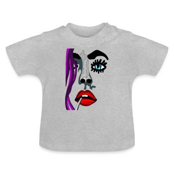 Topmodel Gesicht mit rotem Mund und cyan Augen - Baby Bio-T-Shirt mit Rundhals - Grau meliert - Vorne