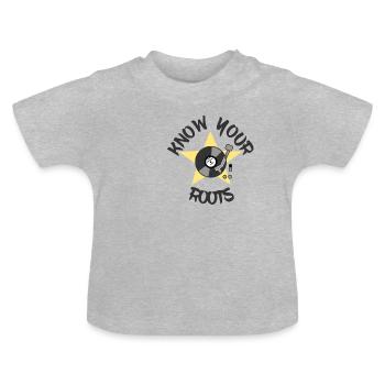 Know Your Roots Platte Audio Retro Musik Hifi Nerd - Baby Bio-T-Shirt mit Rundhals - Grau meliert - Vorne