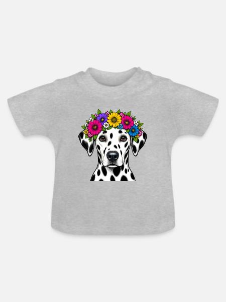 Dalmatiner mit Blumenkrone - Baby Bio-T-Shirt mit Rundhals - Grau meliert