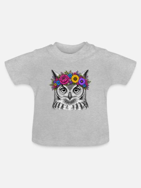 Eulenkopf mit Blumenkrone - Baby Bio-T-Shirt mit Rundhals - Grau meliert