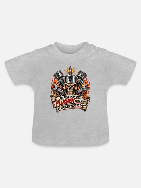 Flammender Skull mit Motorwerkzeug - Baby Bio-T-Shirt mit Rundhals - Grau meliert