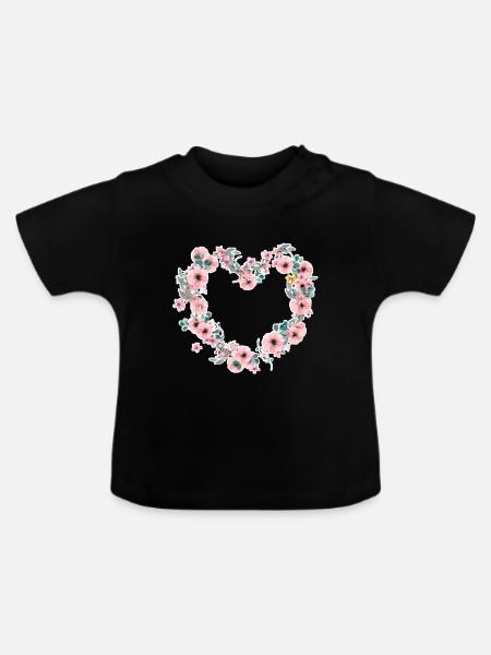 Blumen Herz - Baby Bio-T-Shirt mit Rundhals - Schwarz