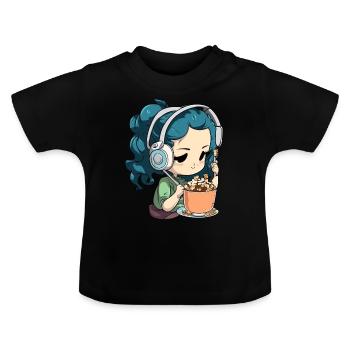 Mädchen mit Kopfhörern hört Musik und isst Müsli - Baby Bio-T-Shirt mit Rundhals - Schwarz - Vorne
