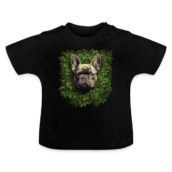 French bulldog looking out of the bushes - Baby Organic T-Shirt with Round Neck - black - Front