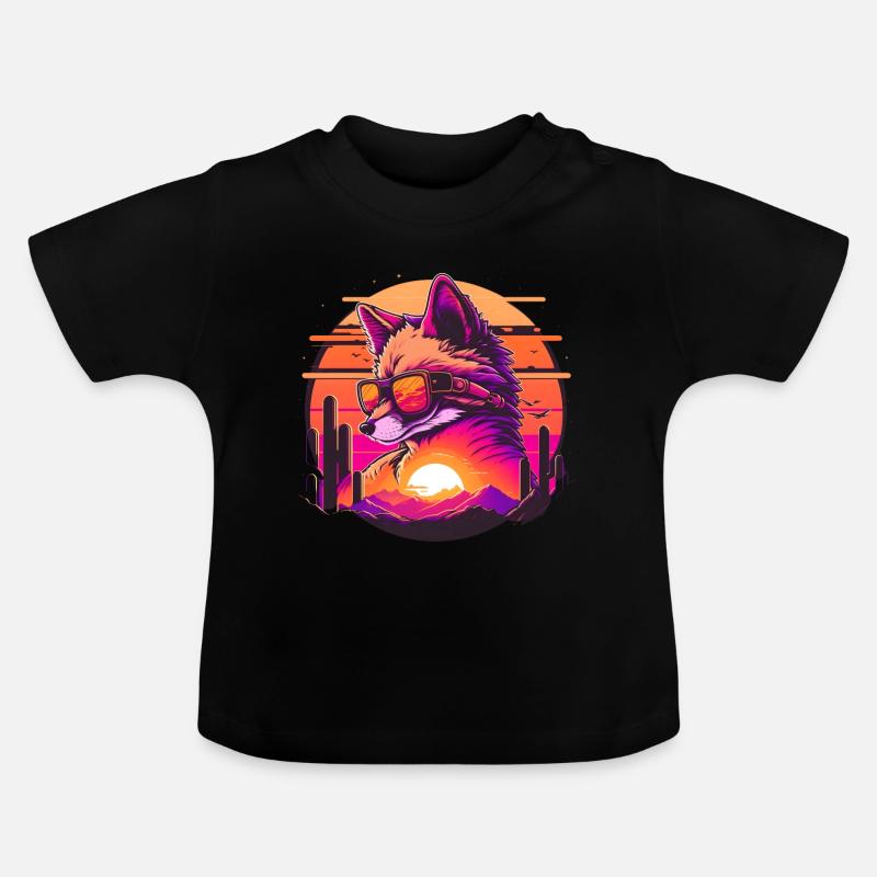 Synthwave Fox Sunset - Baby Bio-T-Shirt mit Rundhals - Schwarz
