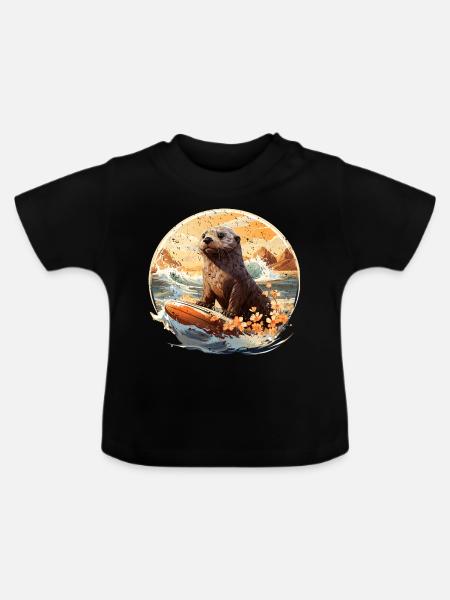 Seeotter auf Surfboard - Baby Bio-T-Shirt mit Rundhals - Schwarz