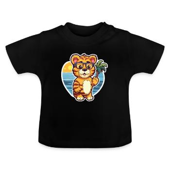 Tiger Lustige Karikatur Kawaii Strand Illustration - Baby Bio-T-Shirt mit Rundhals - Schwarz - Vorne