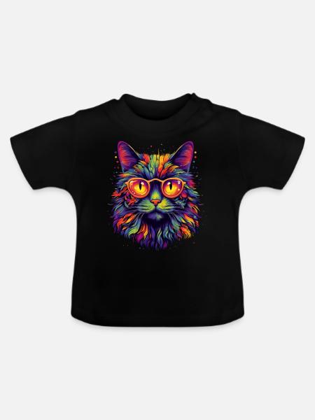 Bunte Katze mit Brille - Baby Bio-T-Shirt mit Rundhals - Schwarz