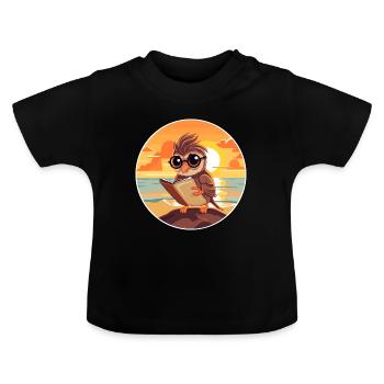 Sparrow Cute Funny Cartoon Kawaii Book Beach - Baby Organic T-Shirt with Round Neck - black - Front