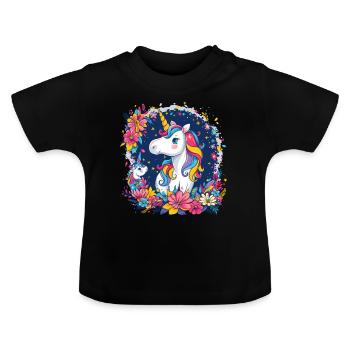 Kinder Einhorn bunt - Baby Bio-T-Shirt mit Rundhals - Schwarz - Vorne