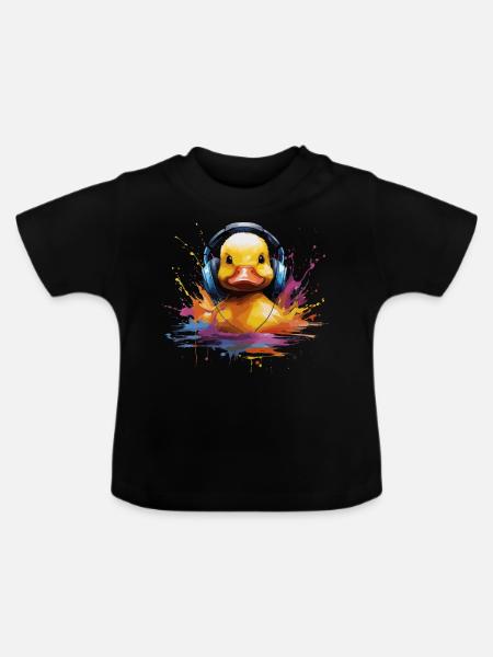 Gummiente hört Musik mit Kopfhörern - Baby Bio-T-Shirt mit Rundhals - Schwarz